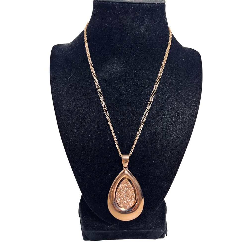 Bronzo Italia Rose Gold Tone Necklace With Druzy Quartz Teardrop Pendant (6291)